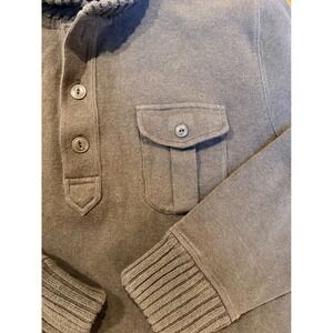 Lands End Mens Olive Green Cotton Mock Neck Button Sweater Elbow Patches Size M